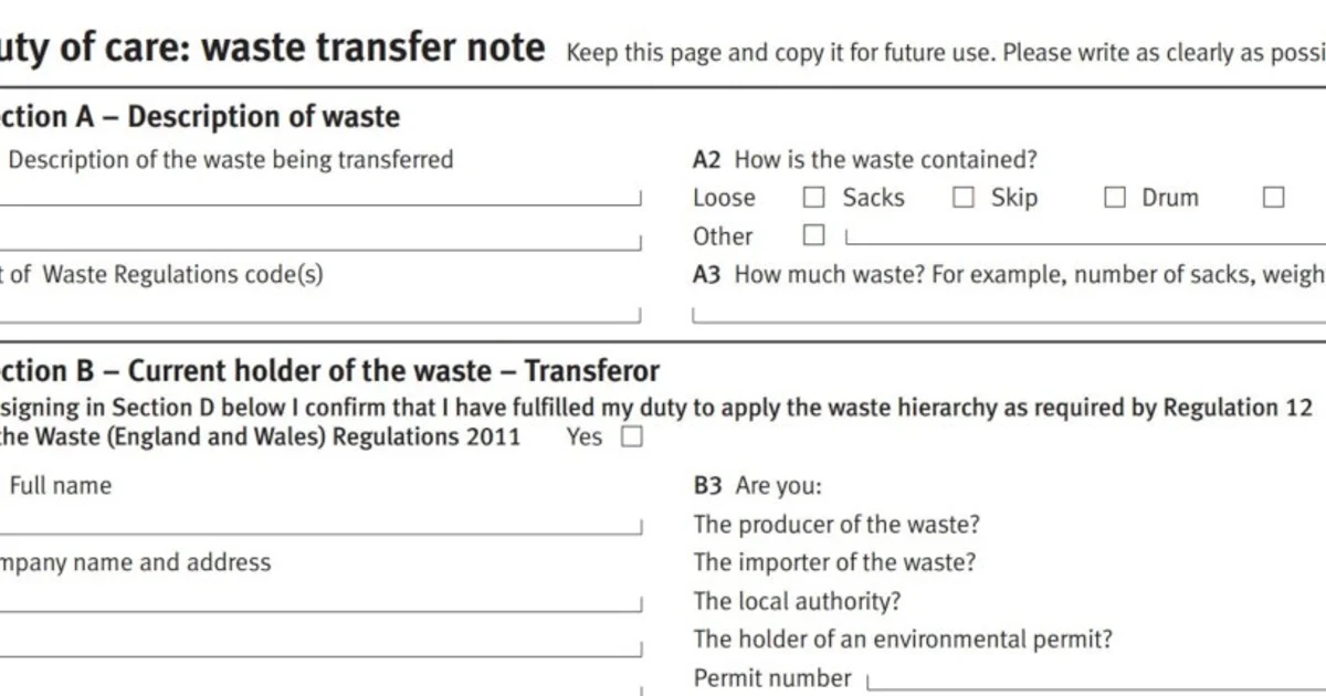 Waste Transfer Note Example